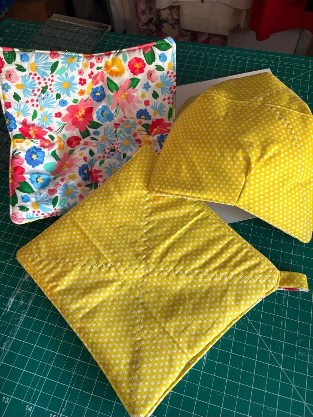 Two Floral Quilted Bowl Cozies & One Matching Potholder (v)